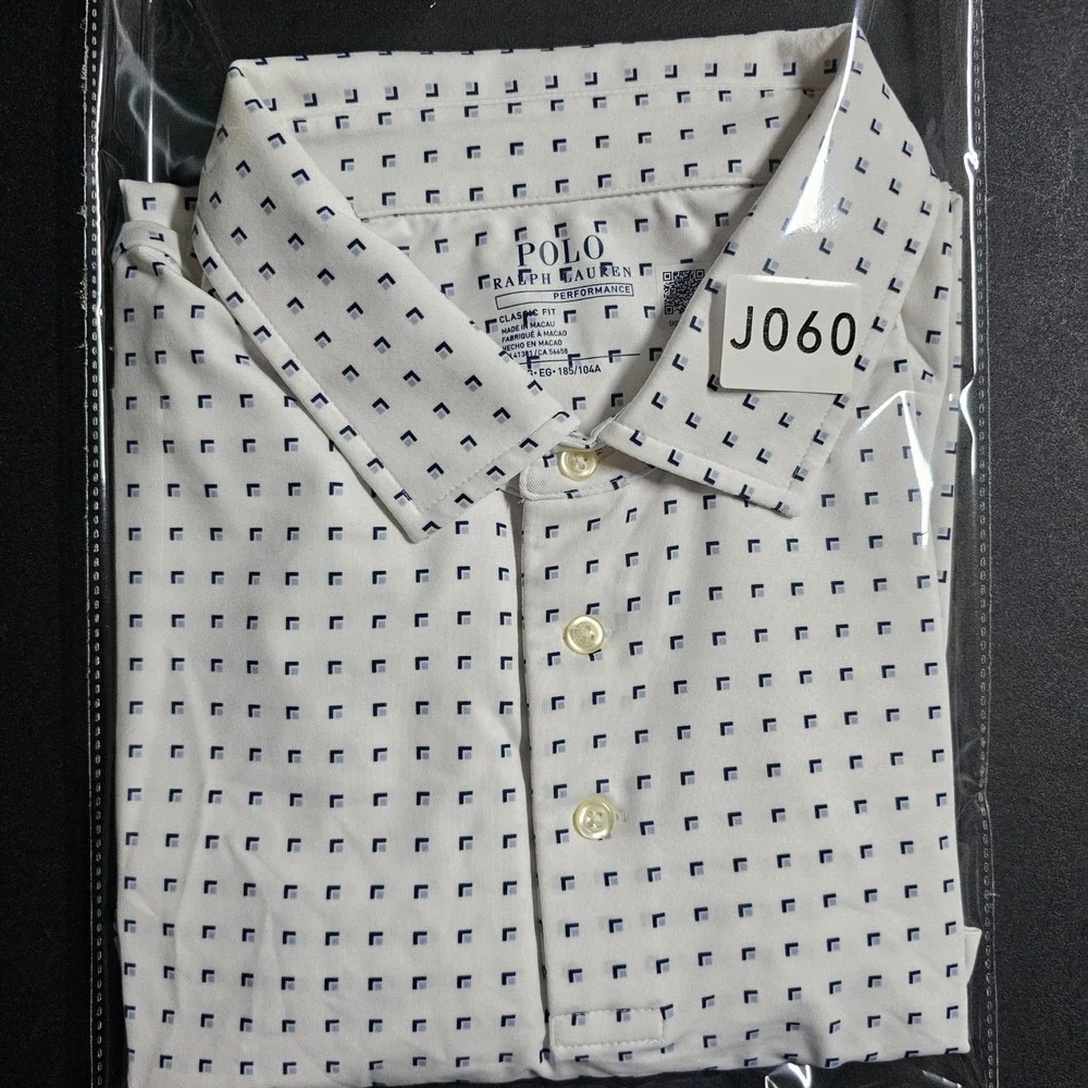 Polo Ralph Lauren Performance Men's XL White Navy Blue Geometric Golf Polo Shirt